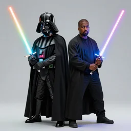rapper kanye west vs darth vader with a rainbow lightsaber, sci fi, artstation, high quality