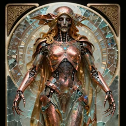 scary robot deity, god, religious art, by alphonse mucha and wlop metallic colors, broken glass, oxidized copper, led light, photography, unreal engine, trending on artstation, photorealistic, octane, trending on deviantart