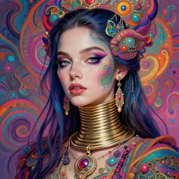 portrait of catriona balfe as a long - neck woman with neck rings, hyper detailed ultra sharp trending on artstation, warpaint aesthetic, colorful, psychedelic, ornate, intricate, digital painting, concept art, smooth, sharp focus, illustration, art by artgerm and greg rutkowski and h. r. giger, 8 k