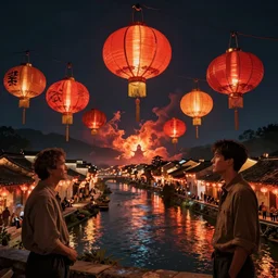 craig mullins and wenjun lin zhongyuan festival in fujian ， lanterns in the sky ， river ， dark sky ， fire clouds ， ， village ， ghost ， unreal engine, hyper realism, realistic shading, cinematic composition, realistic render, octane render, detailed textures, photorealistic, wide shot