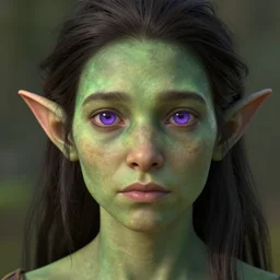 a character with an earthy green skin tone and horizontal elf ears, digital art, incredible detail, perfect facial proportions, perfect lighting, fantasy / alternate history, dark hair, purple eyes, mundane, ordinary, a species from another world