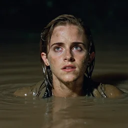 film still, close up, emma watson rising out of muddy vietnam river, face covered in mud, low camera angle at water level, night time, film still from apocalypse now ( 1 9 7 9 ), 2 6 mm
