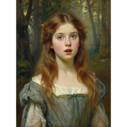 a detailed, beautiful portrait oil painting of a girl who looks an 1 8 - year - old actress, with a surprised expression in an ancient forest, by donato giancola, alphonse mucha, and john williams waterhouse
