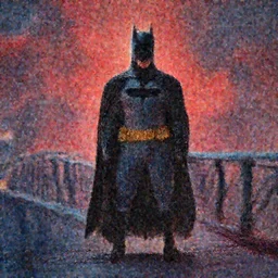 in the style of Claude Monet, batman standing on bridge, ethereal lights, details, smooth, sharp focus, illustration, realistic, cinematic, artstation, award winning, rgb , unreal engine, octane render, cinematic light, macro, depth of field, blur, red light and clouds from the back, highly detailed epic cinematic concept art CG render made in Maya, Blender and Photoshop, octane render, excellent composition, dynamic dramatic cinematic lighting, aesthetic, very inspirational, arthouse.