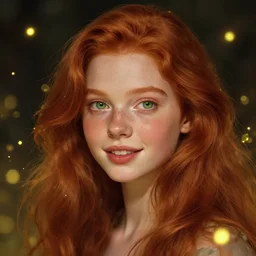 portrait of a red haired girl, long hair, green eyes, hint of freckles, beautiful round face, soft amazed smiles, among golden fireflies, highly detailed, deep focus, elegant, digital painting, smooth, sharp focus, golden ratio, illustration, ultra realistic, 8 k, art by vittorio reggianini
