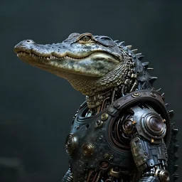 a rugged aligator with cybernetic enhancements, scifi character portrait by greg rutkowski, esuthio, craig mullins, 1 / 4 headshot, cinematic lighting, dystopian scifi gear, gloomy, profile picture, mechanical, half robot, implants, steampunk