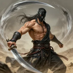 masked male inquisitor of desna with wind blades swirling around him by wlop, wuxia, xianxia, weathered skin, athletic, desert robe, black leather armor, butterfly embroidery, wind, wind blade, wind magic, airbending, desna, detailed, realistic, anatomically accurate, fantasy illustration, artstation, wlop.