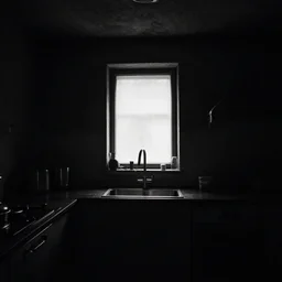 light difraction, black black black dark dark dark, underexposed photography, dark underground kitchen, windowless