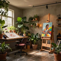 a stylish artist studio interior, messy, many plants, drafting table, easel, painting by Craig Mullins, octane rendering, warm moody lighting, wide angle lens, low view, in the style of blade runner, trending on artstation,