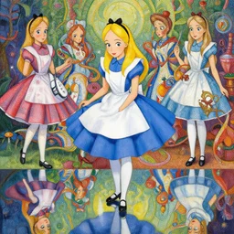 a beautiful insanely intricate painting of alice in wonderland, reflexions, colorfull, by william turner art, by greg rutkowski, by james jean, by rossdraws, by frank franzzeta, by sakimichan, trending on artstation, insanely detailed illustration, thin contur lines, masterpiece,