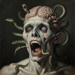a painting of a screaming decapitated man's withered face and blank eye sockets as biting serpents swarm out of his exposed brain, a surrealist painting, polycount, surrealism, surrealist, lovecraftian, cosmic horror