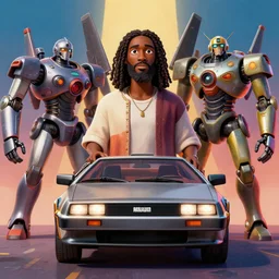 stylish 3 d vfx - drew struzan movie - portrait - poster - art of an african jesus in a delorean surrounded by mecha robots, art style by james jean & hsiao - ron cheng, unreal engine render, digital illustration, sharp, intricate detail, volumetric lighting, ray tracing, soft light, colourful, claymation style, ernie barnes style, symmetry, acrylic on
