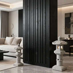 living room, stone lantern, interior design, stylish luxury living room design, yakisugi, black vertical slatted timber, large tv, textures, feminine, black walls, art, japanese pottery vase with flowers, ikebana, kakejiku, japanese influences