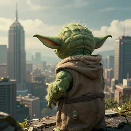 a lifelike highly - detailed photo of yoda looking over a city skyline, cyberpunk, hyper - realistic, unreal engine, octane render