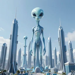 photo realistic image of a pale blue alien world made of tall steel architecture with long winding and turning pillars, tall ceilings, and an open park in the middle of the city made of purple flora