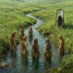beautiful digital fantasy illustration of A woody green field with a stream running through it, with a group of dryad women standing in the water. They seem to be preparing to submerge themselves in the cool, clear waters of the stream. a creepy creature standing in front of a mirror!, concept art by Alex Horley-Orlandelli!!, cgsociety, fantasy art, highly detailed, soft lighting, rendered in octane, masterpiece, very very very aesthetic