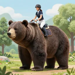 equestrian riding a giant bear in the park