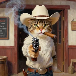 a cat wearing a cowboy hat, smoking a cigar, holding a gun into the camera as he enters a saloon, 4k, oil painting