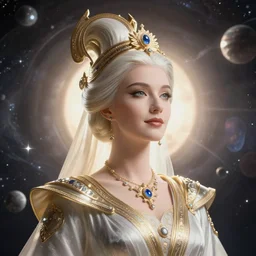 portrait of the powerful empress of the solar system in the style of tom bagshaw and in the style of donato giancola. glowing, ornate and intricate linework, sharp focus, depth of field, stunning, dynamic lighting, ultrafine and hyperdetailed.