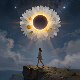giant white daisy flower crown head, girl walking on cliff, surreal photography, solar eclipse, milky way, dramatic light, impressionist painting, clouds, digital painting, artstation, james gilleard and liam wong and jeremy mann