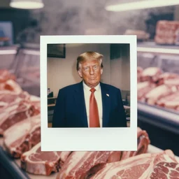 close up medium shot of donald trump and a room made of full of raw meat on butchery floor, cinematic focus, polaroid photo, vintage, neutral dull colors, soft lights, foggy mist, by oleg oprisco, by thomas peschak, by discovery channel, by victor enrich, by gregory crewdson