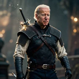 joe biden in the witcher 3, splash art, movie still, cinematic lighting, ray tracing, octane render, long lens, shallow depth of field, bokeh, anamorphic lens flare, 8 k, hyper detailed, 3 5 mm film grain