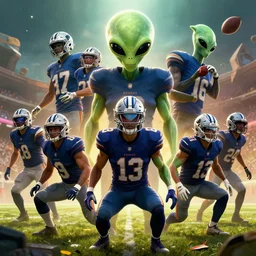 epic professional digital art of an alien American football team, best on artstation, cgsociety, wlop, cinematic, breathtaking, epic, stunning, gorgeous, much detail, much wow, masterpiece