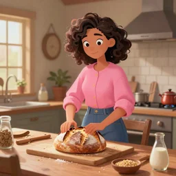 photo cartoon illustration painting of a woman with dark curly hair, a pink shirt, and high - rise jeans baking sourdough, scandinavian interior : fantasy artwork, digital painting, volumetric lighting by feng zhu, 3 d alejandro alvarez alena aenami artworks in 4 k beeple, by thomas kinkade hearstone league of legends dofus overwatch