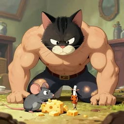 extremely muscled kitty cat scolding a frightened muscled mouse for eating all the delicious cheese, Boris Vallejo, Julie Bell, Greg Hildebrandt, Tim Hildebrandt, Artgerm