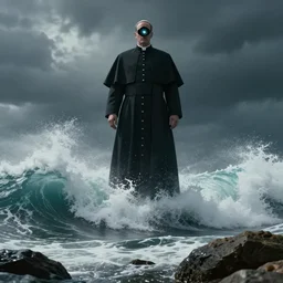 photograph with stylish lens effect, stylistic lighting, 1 9 8 0's sci - fi style, extremely epic, hyppereality, weta digital, octane render, a giant towering man in black evil pope robes floating above crashing dramatic ocean waves with sea foam and sea spray along a rocky coast, cinema 4 d, volumetric lighting
