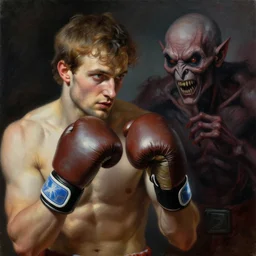 portrait, realistic painting image about a boxer has a electric boxing gloves, versus a ghoul. dramatic scene, horror, dramatic lighting realism, created by gustave courbet and michaelangelo, trending in artstation, fine art, smooth draw with oil painting.
