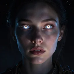 epic portrait cinematic shot an giant female face in space, dark, stars, glowing, glowing eyes, fine details. night setting. realistic shaded lighting poster by craig mullism, artgerm, jeremy lipkin and michael garmash, unreal engine, radiant light, detailed and intricate environment, digital art, trending on art station,