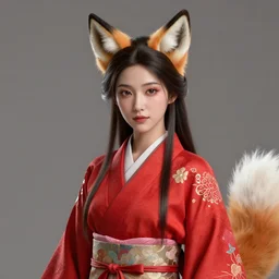 Ssunbuki as a woman with fox ears and a red kimono, visualartzi, korean, concept art by Karla Ortiz, James Paick, Charlie Bowater, Krenz Cushart, highly detailed, ultra detailed, ultra realistic, trending on artstation, cgstudio