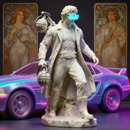 a detailed full bodied marble sculpture of jensen ackles as time traveler stepping out of a futuristic neon colored car, holding a grenade launcher, wearing glowing neon shuttered 1 9 8 0 s glasses!!!!, synthwave style, aetherpunk, masterpiece, 8 k, art by greg rutkowski and albert bierstadt and arthur rackham and alphones mucha