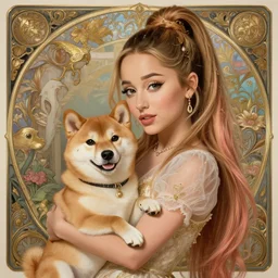 beautiful cottagecore Ariana Grande holding a Shiba Inu dog, intricate, elegant, highly detailed, digital painting, artstation, concept art, smooth, sharp, focus, illustration, art by artgerm and greg rutkowski and alphonse mucha