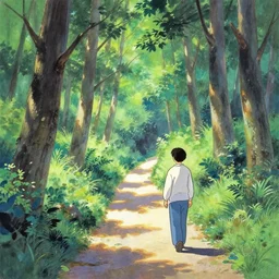 forest walkway on a sunny day, traditional gouache painting by chinese artist and makoto for animation studio