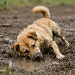 a dirty dog rolling in mud. artstation. high detail