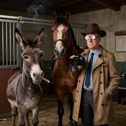 noire detective shot with 4k dslr camera of James the detective horse. Bojack horseman inspired detective show. My home used to be stable, now lifes gone to trott. Donkey in a trenchcoat smoking acigar. MDMHay infused darkroom darkengine shot by netflix, high budget, cgi by james gunn.