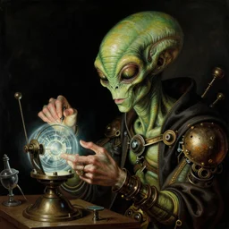 a baroque close - up portrait painting of a green alien steampunk wizard fixing a glowing sci - fi time machine. black background. highly detailed science fiction painting by norman rockwell, moebius, frank frazetta, and syd mead. high contrast. renaissance masterpiece. artstation