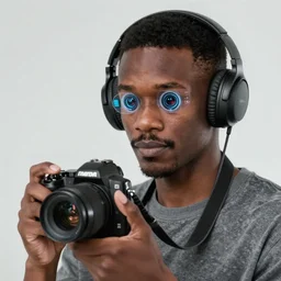 black man at 20s with short hair, thin mustache, thin face, wearing headphones, with futuristic robot eyes, holding a film camera, realistic digital art