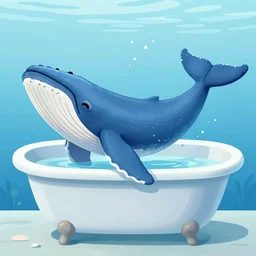 A blue whale swimming inside a bathtub, digital illustration-H 768