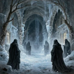 colonial ghost town made of ice, stoic, shadowy figures covered in drapery, archways of dry trees, waterfalls coming out of windows, light dust, magnificent, hyperdetailed, theatrical, close up, masterpiece, painted by jean honore fragonard and greg rutkowski and rob alexander