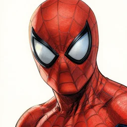 close up headshot of spider-man , comic book color drawing  by todd mcfarlane