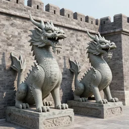 two dragon statues in front of a fortress, digital art, medium angle shot