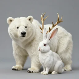 a bear and a bunny chimera with the size and strength of a bear, The white color and long bunny ears of a bunny and golden brown antlers. Peter Mohrbacher. George Stubbs