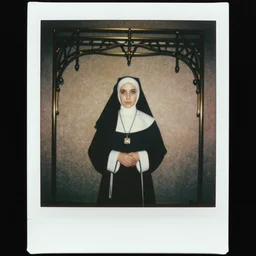 1970s, photo, a polaroid photo, art nouveau, dribble, Aphex Twin and a nun posing for a picture