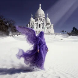 one lone singular swirling otherworldly angelic figure shrouded in violet robes emerges from extensive barren white dunescape, matte painting by peter mohrbacher and filip hodas, background basilica sacre coeur, godrays, high contrast, highly detailed, a