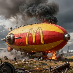 an immense mcdonald's branded steampunk airship heavily branded with huge yellow and red mcdonald's logo and golden arches logo crashed and burning in a field, thick black smoke billowing, turbulent storm clouds, dystopian, sharp focus, octane render, imax