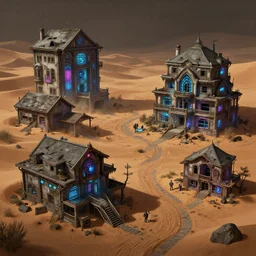 intricate detailed photo environement cyberpunk abandoned houses in dessert : 4, 4 k rtx hdr volume light concept studio matte painting environement digital illustration style fallout artstation artur tarnowski, mihai muscan, marcin tomalak, marta leydy, marcin stepien, charlotte hughes, zuzanna dabrowa neon bioluminiscence