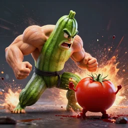 detailed 3 d render of a furious zucchini character with bulging muscles attacking a timid tomato, high speed action, martial arts, explosions, blood, dramatic scene, hyper realistic octane render, cinematic lighting, deviantart, pop - surrealism, lowbrow, frame from pixar movie